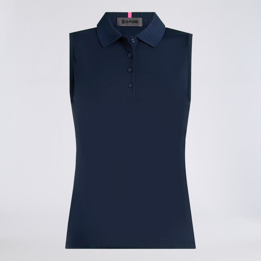 PLEATED COLLAR SILKY TECH NYLON SLEEVELESS POLO - US 8144