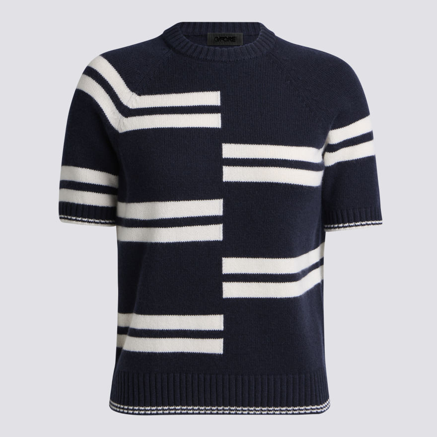 LTD RELEASE OFFSET STRIPE CASHMERE SHORT SLEEVE CREWNECK SWEATER - US 8597