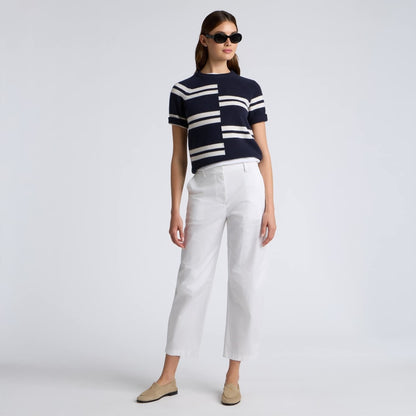 LTD RELEASE OFFSET STRIPE CASHMERE SHORT SLEEVE CREWNECK SWEATER - US 8597